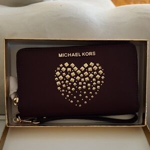 Michael Kors Plum Wristlet Card Holder with Gold Stud Heart